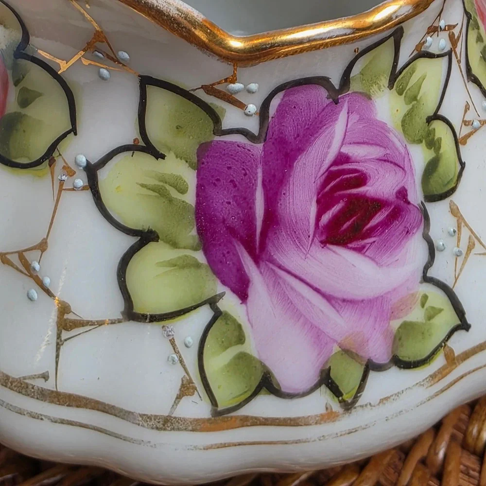 Antique 1890s Nippon Hand Painted Rose Porcelain Creamer & Sugar Bowl Set No Lid